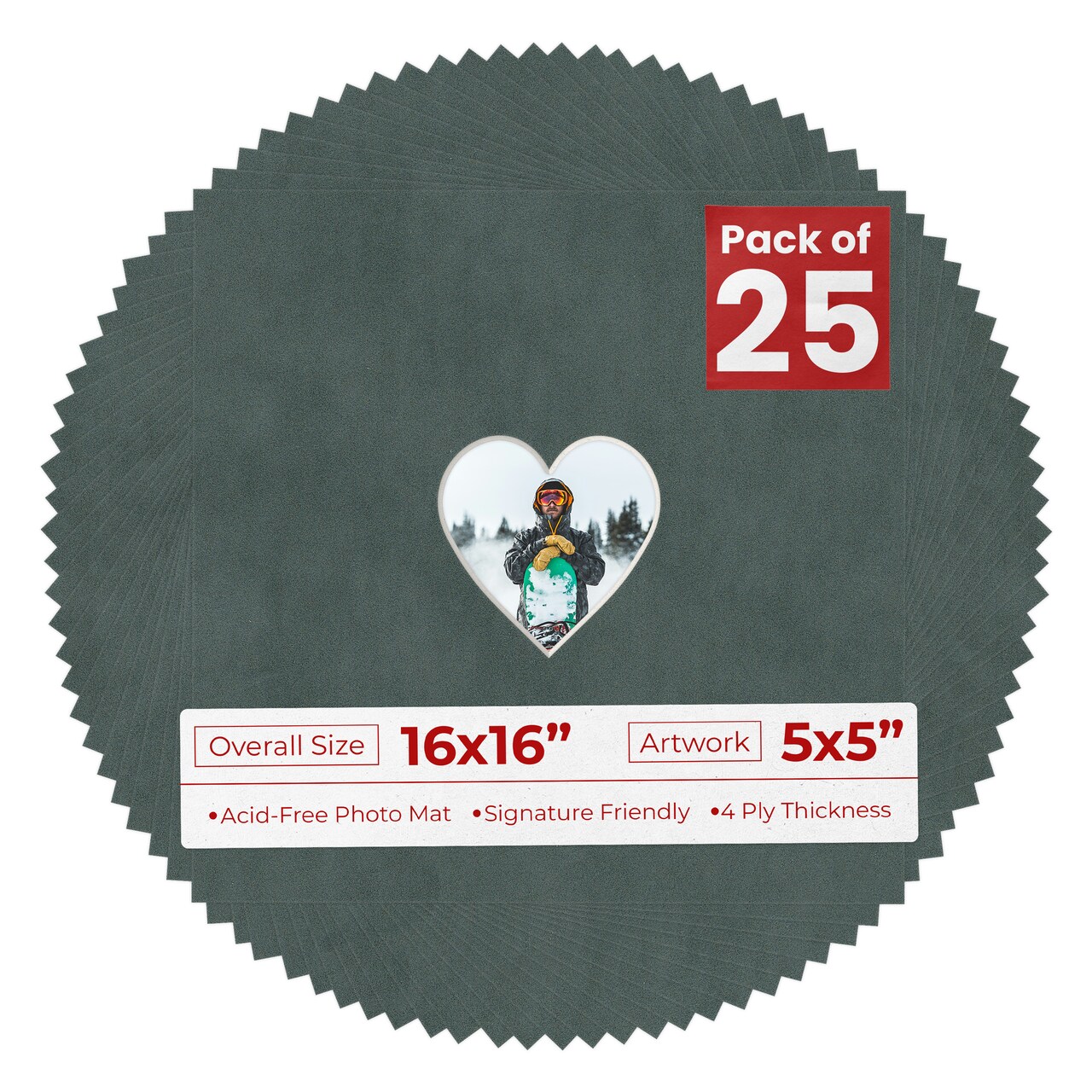 Dark Grey Suede Mat Board for 16x16 Frames - Heart Opening for 5x5 Photos